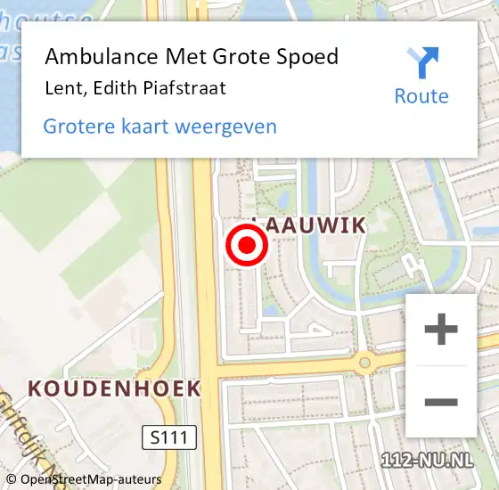 Locatie op kaart van de 112 melding: Ambulance Met Grote Spoed Naar Lent, Edith Piafstraat op 10 september 2021 21:54