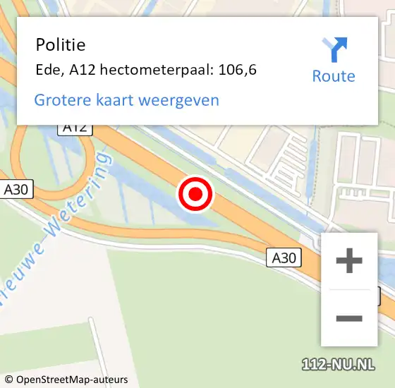 Locatie op kaart van de 112 melding: Politie Heumen, A12 hectometerpaal: 106,6 op 10 september 2021 23:24