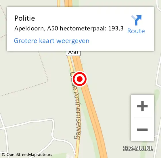 Locatie op kaart van de 112 melding: Politie Apeldoorn, A50 hectometerpaal: 193,3 op 11 september 2021 01:12