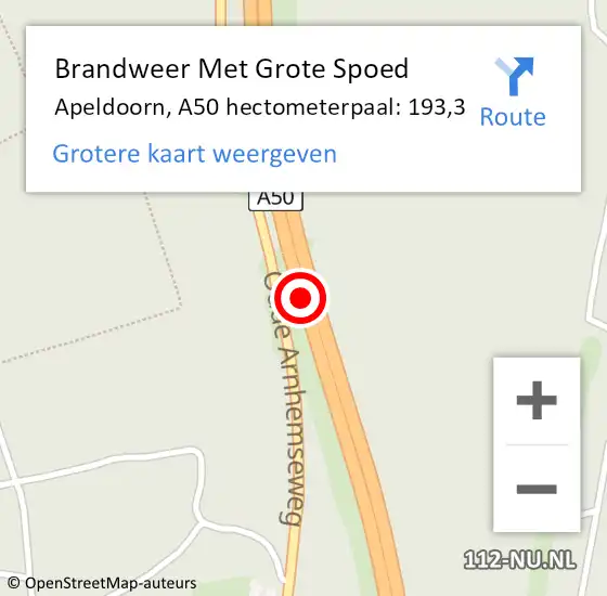 Locatie op kaart van de 112 melding: Brandweer Met Grote Spoed Naar Apeldoorn, A50 hectometerpaal: 193,3 op 11 september 2021 01:12