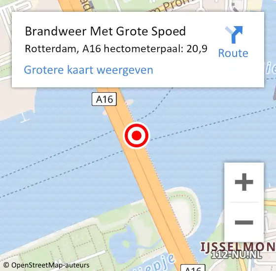 Locatie op kaart van de 112 melding: Brandweer Met Grote Spoed Naar Rotterdam, A16 hectometerpaal: 20,9 op 11 september 2021 01:17