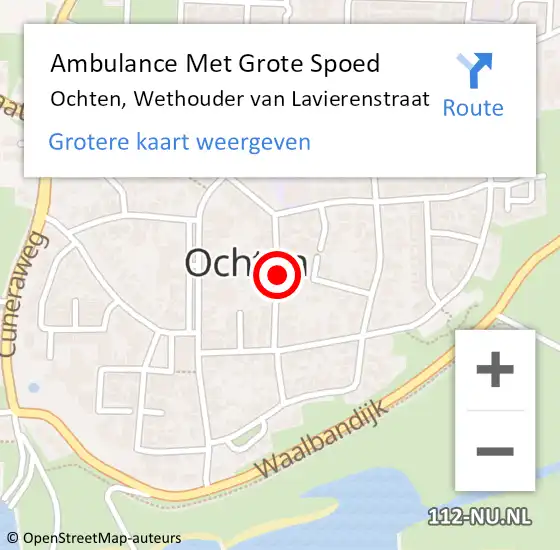 Locatie op kaart van de 112 melding: Ambulance Met Grote Spoed Naar Ochten, Wethouder van Lavierenstraat op 11 september 2021 01:49