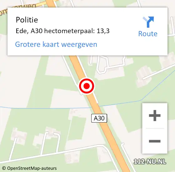 Locatie op kaart van de 112 melding: Politie Ede, A30 hectometerpaal: 13,3 op 11 september 2021 02:47