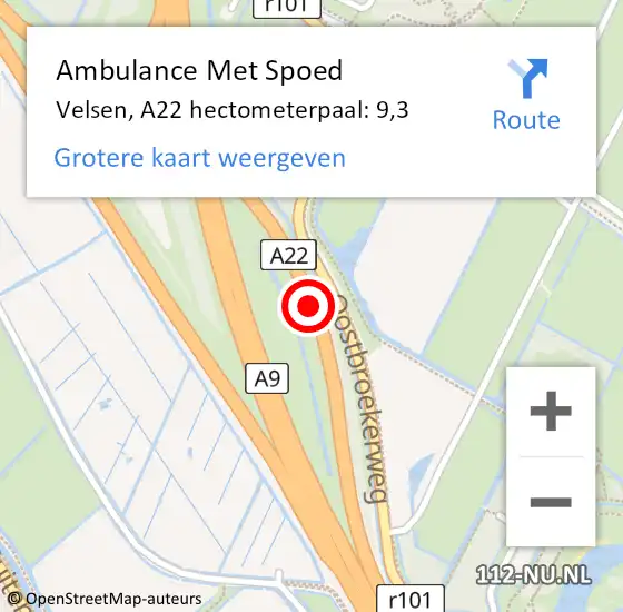 Locatie op kaart van de 112 melding: Ambulance Met Spoed Naar Velsen, A22 hectometerpaal: 9,3 op 11 september 2021 04:27