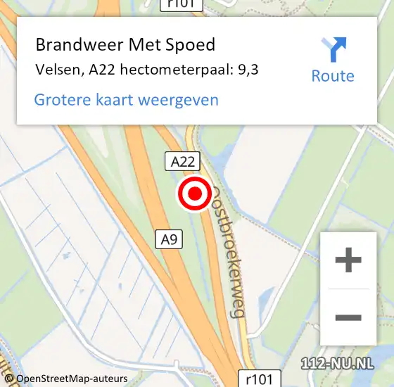 Locatie op kaart van de 112 melding: Brandweer Met Spoed Naar Velsen, A22 hectometerpaal: 9,3 op 11 september 2021 05:00