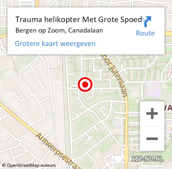 Locatie op kaart van de 112 melding: Trauma helikopter Met Grote Spoed Naar Bergen op Zoom, Canadalaan op 11 september 2021 05:04