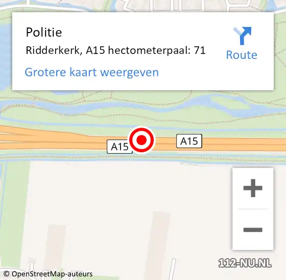 Locatie op kaart van de 112 melding: Politie Ridderkerk, A15 hectometerpaal: 71 op 11 september 2021 05:36