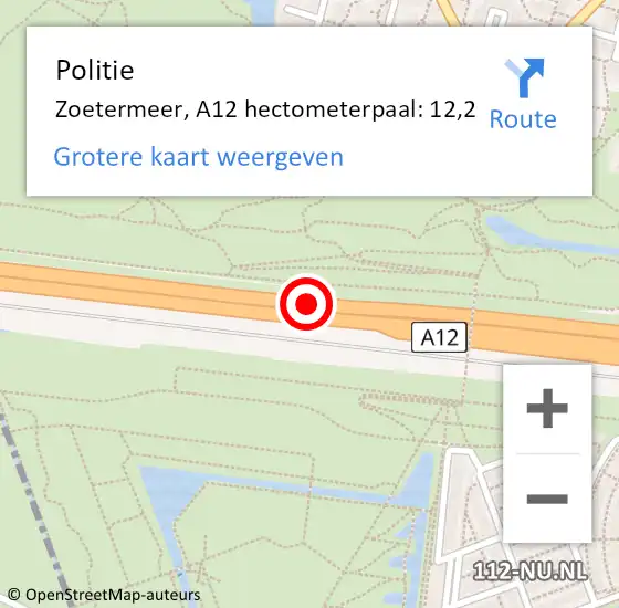 Locatie op kaart van de 112 melding: Politie Zoetermeer, A12 hectometerpaal: 12,2 op 11 september 2021 06:25