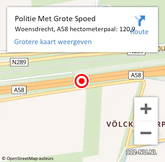 Locatie op kaart van de 112 melding: Politie Met Grote Spoed Naar Woensdrecht, A58 hectometerpaal: 120,9 op 11 september 2021 11:42