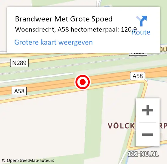 Locatie op kaart van de 112 melding: Brandweer Met Grote Spoed Naar Woensdrecht, A58 hectometerpaal: 120,9 op 11 september 2021 11:43