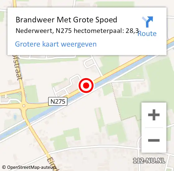 Locatie op kaart van de 112 melding: Brandweer Met Grote Spoed Naar Nederweert, N275 hectometerpaal: 28,3 op 11 september 2021 12:28