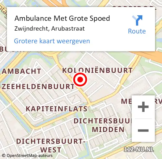 Locatie op kaart van de 112 melding: Ambulance Met Grote Spoed Naar Zwijndrecht, Arubastraat op 11 september 2021 13:43