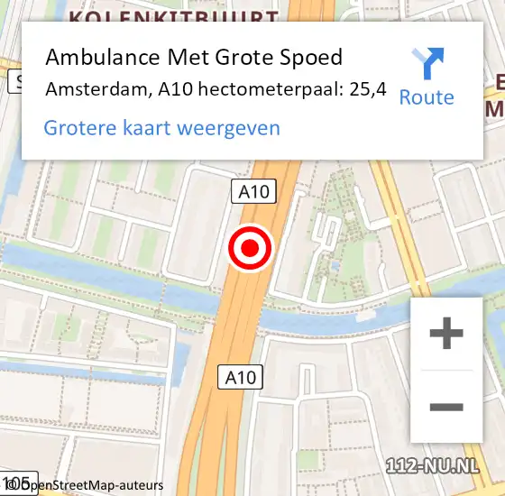 Locatie op kaart van de 112 melding: Ambulance Met Grote Spoed Naar Amsterdam, A10 hectometerpaal: 25,4 op 11 september 2021 13:44