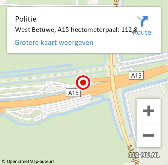 Locatie op kaart van de 112 melding: Politie Neerijnen, A15 hectometerpaal: 112,8 op 11 september 2021 14:03