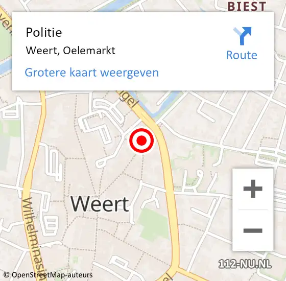 Locatie op kaart van de 112 melding: Politie Weert, Oelemarkt op 11 september 2021 14:56