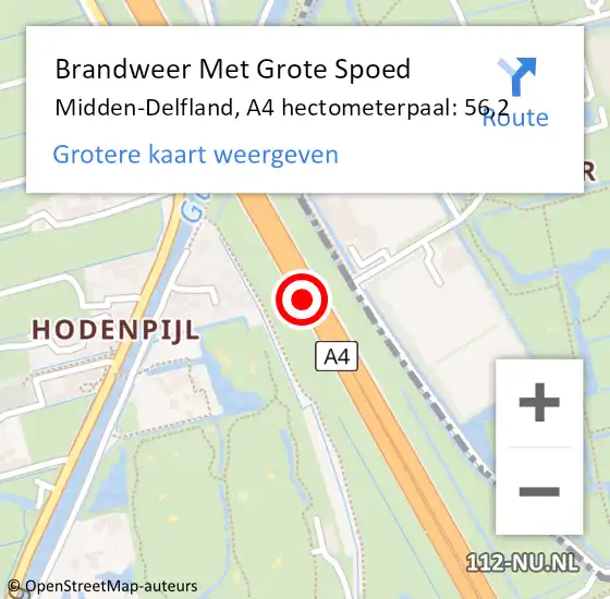 Locatie op kaart van de 112 melding: Brandweer Met Grote Spoed Naar Midden-Delfland, A4 hectometerpaal: 56,2 op 11 september 2021 15:07