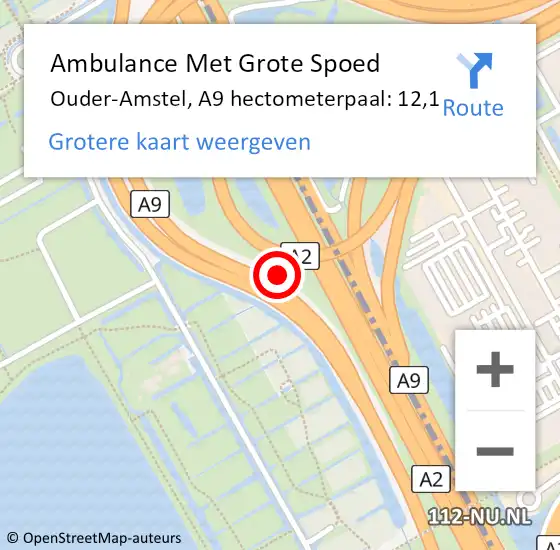 Locatie op kaart van de 112 melding: Ambulance Met Grote Spoed Naar Ouder-Amstel, A9 hectometerpaal: 12,1 op 11 september 2021 15:14