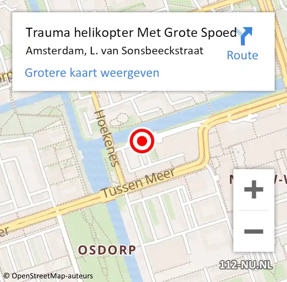 Locatie op kaart van de 112 melding: Trauma helikopter Met Grote Spoed Naar Amsterdam, L. van Sonsbeeckstraat op 11 september 2021 17:42