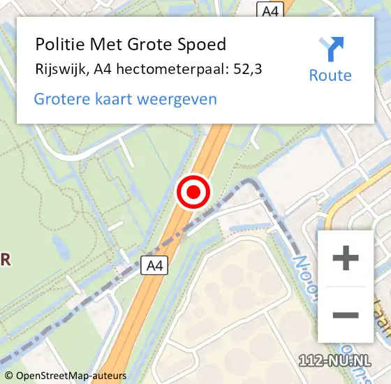 Locatie op kaart van de 112 melding: Politie Met Grote Spoed Naar Rijswijk, A4 hectometerpaal: 52,3 op 11 september 2021 17:55
