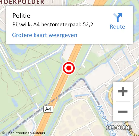 Locatie op kaart van de 112 melding: Politie Rijswijk, A4 hectometerpaal: 52,2 op 11 september 2021 17:55