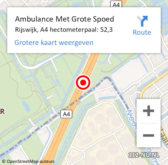 Locatie op kaart van de 112 melding: Ambulance Met Grote Spoed Naar Rijswijk, A4 hectometerpaal: 52,3 op 11 september 2021 17:58