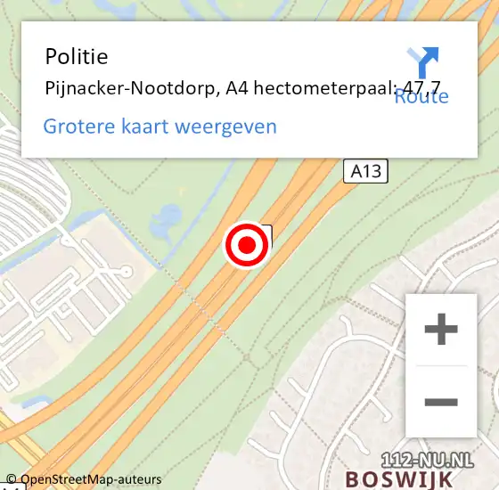 Locatie op kaart van de 112 melding: Politie Den Haag, A4 hectometerpaal: 47,7 op 11 september 2021 18:27