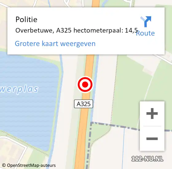 Locatie op kaart van de 112 melding: Politie Overbetuwe, A325 hectometerpaal: 14,5 op 11 september 2021 18:42