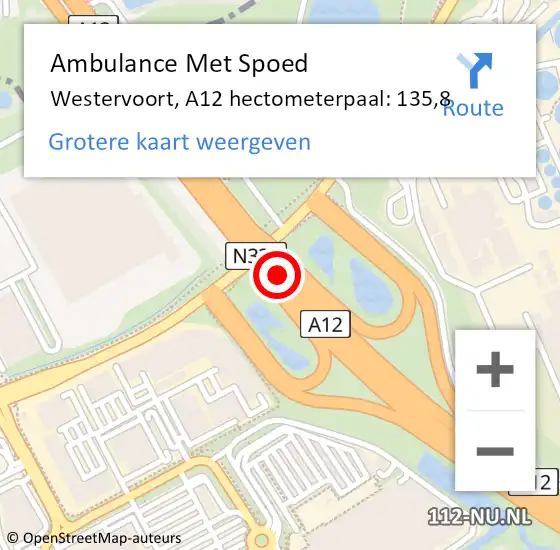 Locatie op kaart van de 112 melding: Ambulance Met Spoed Naar Westervoort, A12 hectometerpaal: 135,8 op 11 september 2021 19:32