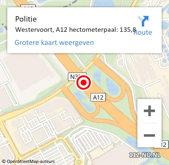 Locatie op kaart van de 112 melding: Politie Westervoort, A12 hectometerpaal: 135,8 op 11 september 2021 19:32