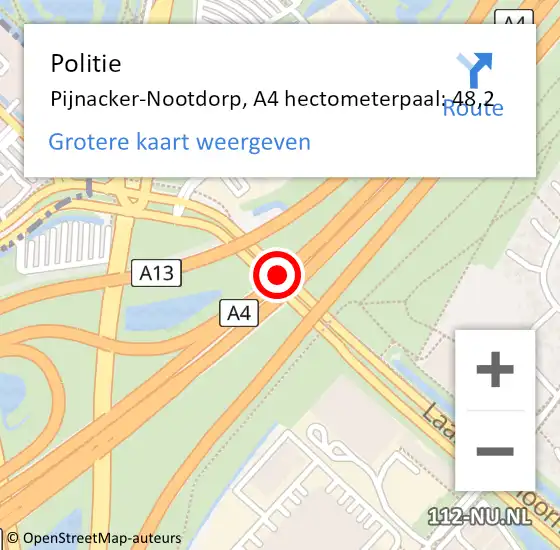 Locatie op kaart van de 112 melding: Politie Den Haag, A4 hectometerpaal: 48,2 op 11 september 2021 19:59