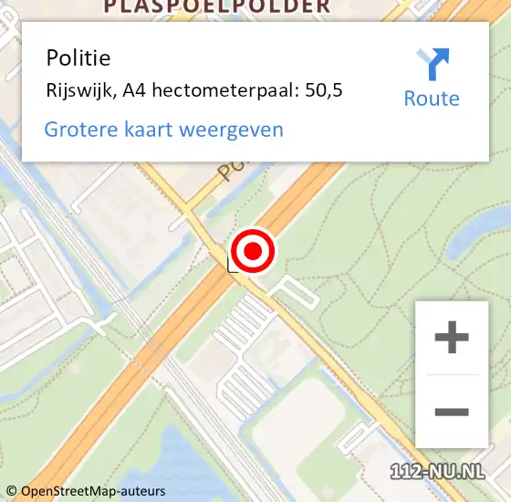 Locatie op kaart van de 112 melding: Politie Rijswijk, A4 hectometerpaal: 50,5 op 11 september 2021 22:28