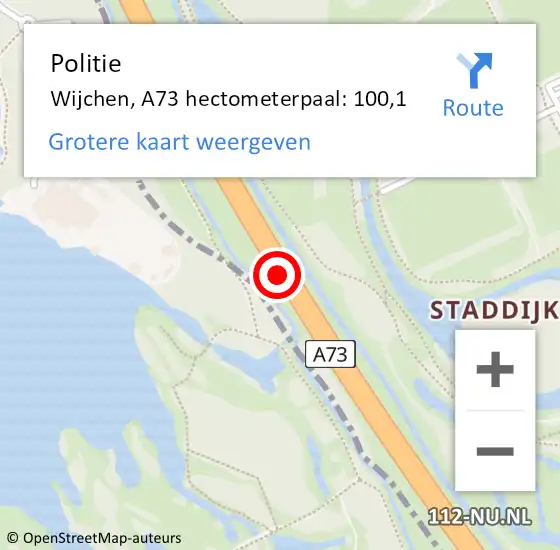 Locatie op kaart van de 112 melding: Politie Wijchen, A73 hectometerpaal: 100,1 op 11 september 2021 22:31