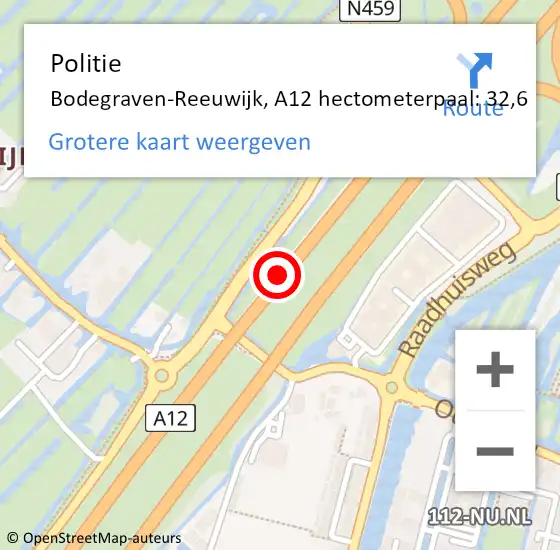 Locatie op kaart van de 112 melding: Politie Bodegraven-Reeuwijk, A12 hectometerpaal: 32,6 op 11 september 2021 22:38