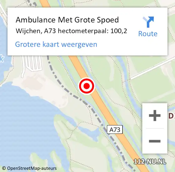 Locatie op kaart van de 112 melding: Ambulance Met Grote Spoed Naar Wijchen, A73 hectometerpaal: 100,2 op 11 september 2021 22:43