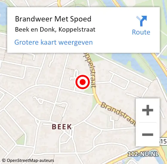 Locatie op kaart van de 112 melding: Brandweer Met Spoed Naar Beek en Donk, Koppelstraat op 12 september 2021 00:42