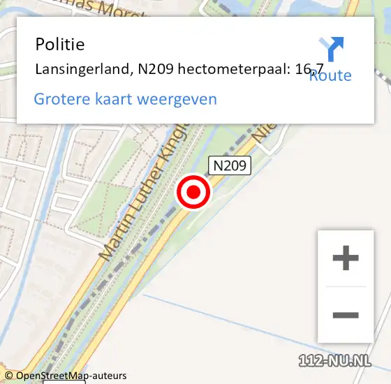 Locatie op kaart van de 112 melding: Politie Lansingerland, N209 hectometerpaal: 16,7 op 12 september 2021 04:24