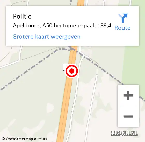 Locatie op kaart van de 112 melding: Politie Apeldoorn, A50 hectometerpaal: 189,4 op 12 september 2021 04:50