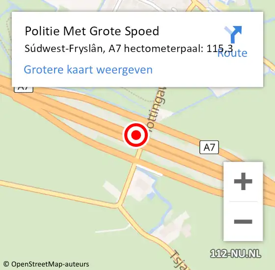 Locatie op kaart van de 112 melding: Politie Met Grote Spoed Naar Súdwest-Fryslân, A7 hectometerpaal: 115,3 op 12 september 2021 08:18