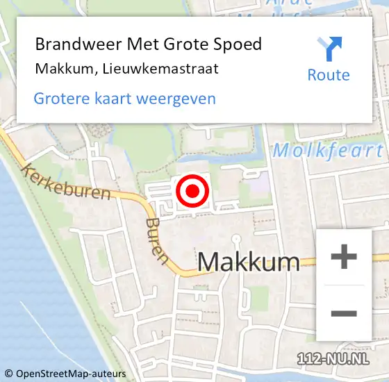 Locatie op kaart van de 112 melding: Brandweer Met Grote Spoed Naar Makkum, Lieuwkemastraat op 12 september 2021 09:22