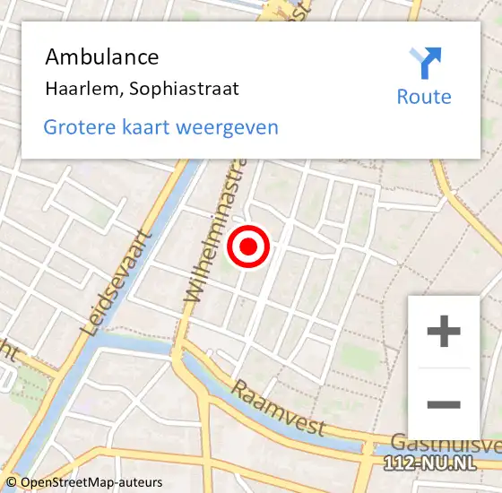 Locatie op kaart van de 112 melding: Ambulance Haarlem, Sophiastraat op 12 september 2021 10:17