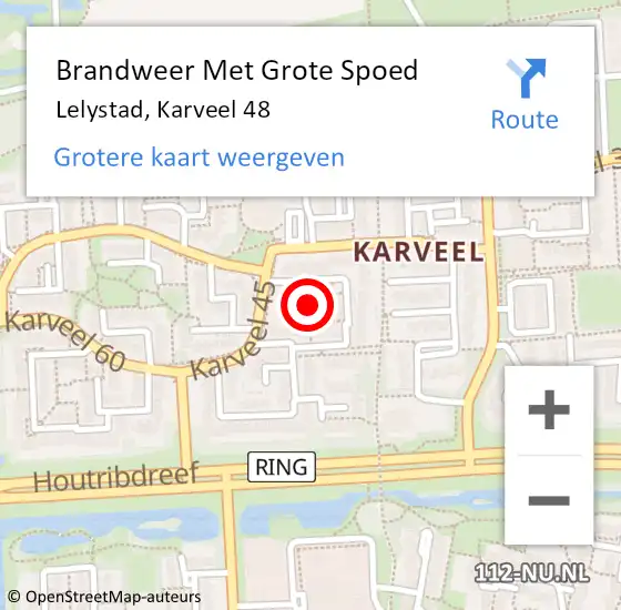 Locatie op kaart van de 112 melding: Brandweer Met Grote Spoed Naar Lelystad, Karveel 48 op 12 september 2021 11:49