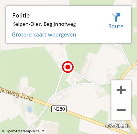 Locatie op kaart van de 112 melding: Politie Kelpen-Oler, Begijnhofweg op 12 september 2021 12:07