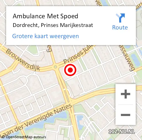 Locatie op kaart van de 112 melding: Ambulance Met Spoed Naar Dordrecht, Prinses Marijkestraat op 12 september 2021 13:44