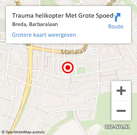 Locatie op kaart van de 112 melding: Trauma helikopter Met Grote Spoed Naar Breda, Barbaralaan op 12 september 2021 14:28