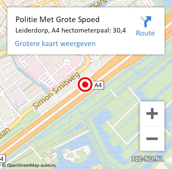 Locatie op kaart van de 112 melding: Politie Met Grote Spoed Naar Leiderdorp, A4 hectometerpaal: 30,4 op 12 september 2021 16:38