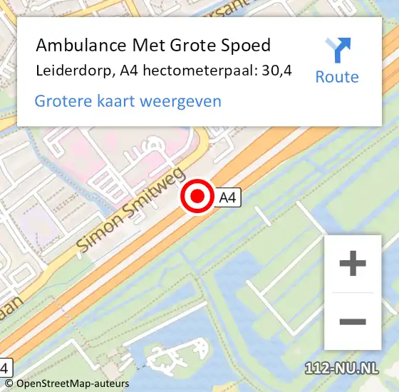 Locatie op kaart van de 112 melding: Ambulance Met Grote Spoed Naar Leiderdorp, A4 hectometerpaal: 30,4 op 12 september 2021 16:39