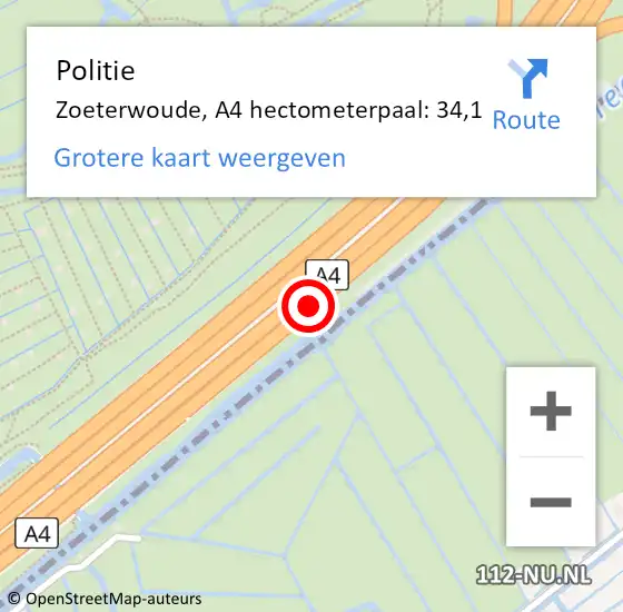 Locatie op kaart van de 112 melding: Politie Zoeterwoude, A4 hectometerpaal: 34,1 op 12 september 2021 19:42