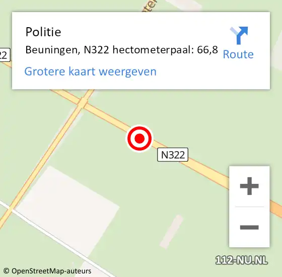 Locatie op kaart van de 112 melding: Politie Beuningen, N322 hectometerpaal: 66,8 op 12 september 2021 23:03