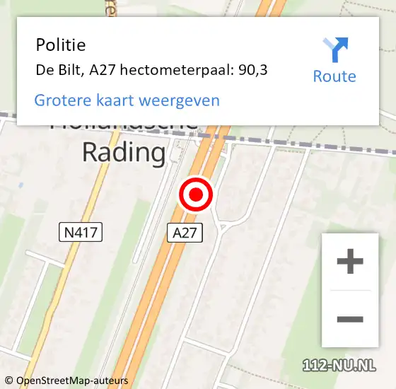 Locatie op kaart van de 112 melding: Politie De Bilt, A27 hectometerpaal: 90,3 op 12 september 2021 23:28