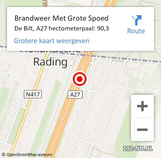 Locatie op kaart van de 112 melding: Brandweer Met Grote Spoed Naar De Bilt, A27 hectometerpaal: 90,3 op 12 september 2021 23:29